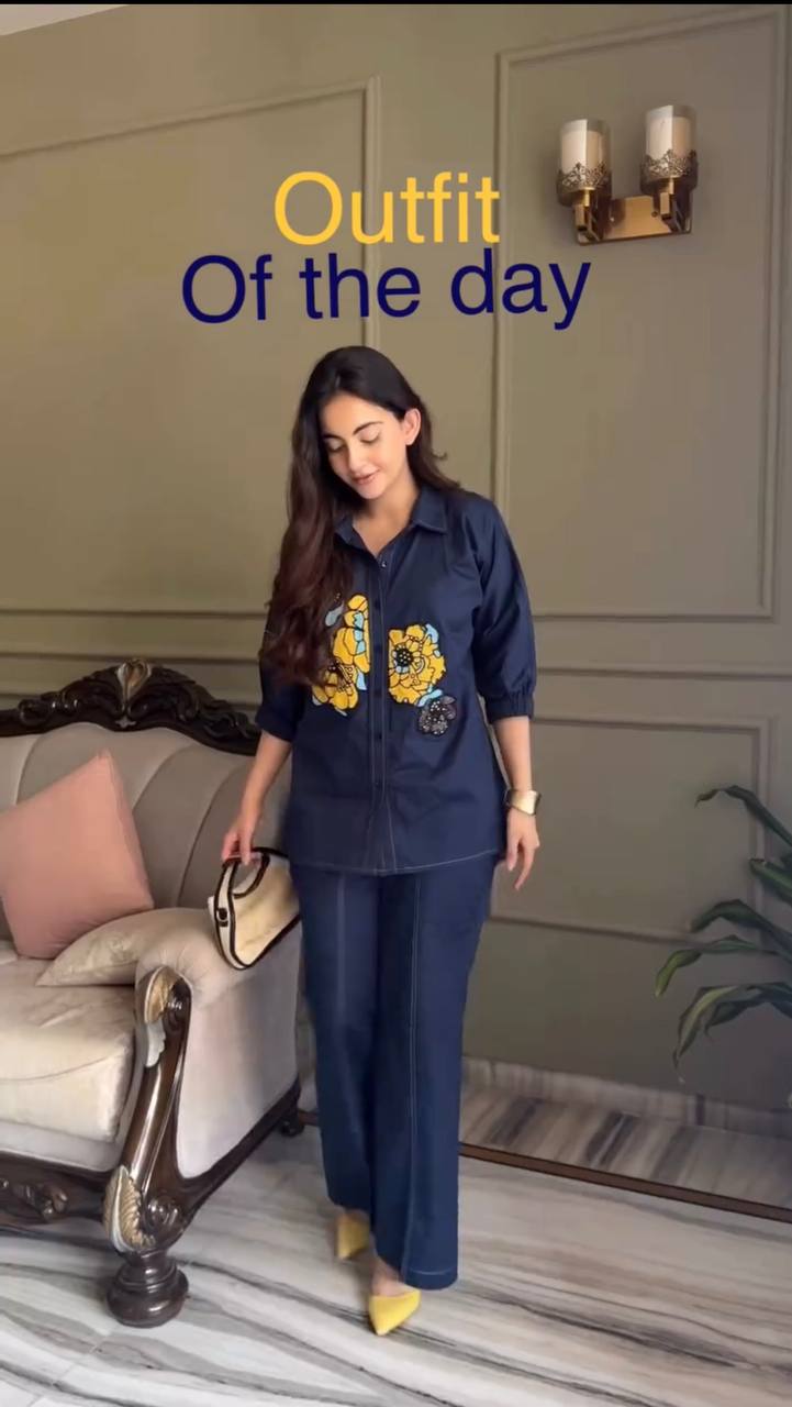 Embroidered Cotton Co-ord Set – Navy Blue