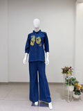 Embroidered Cotton Co-ord Set – Navy Blue