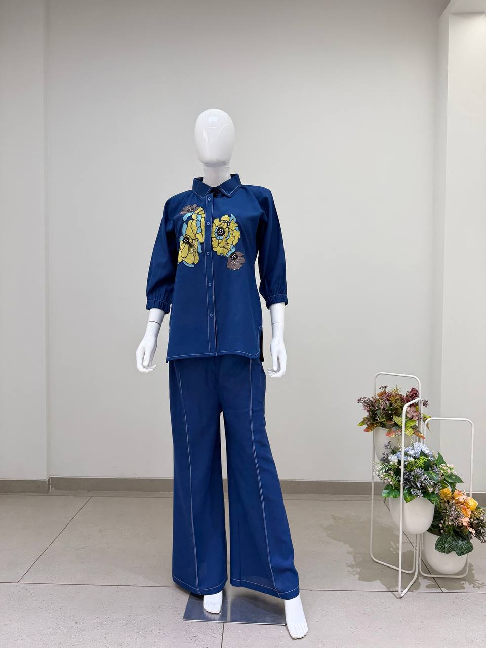 Embroidered Cotton Co-ord Set – Navy Blue