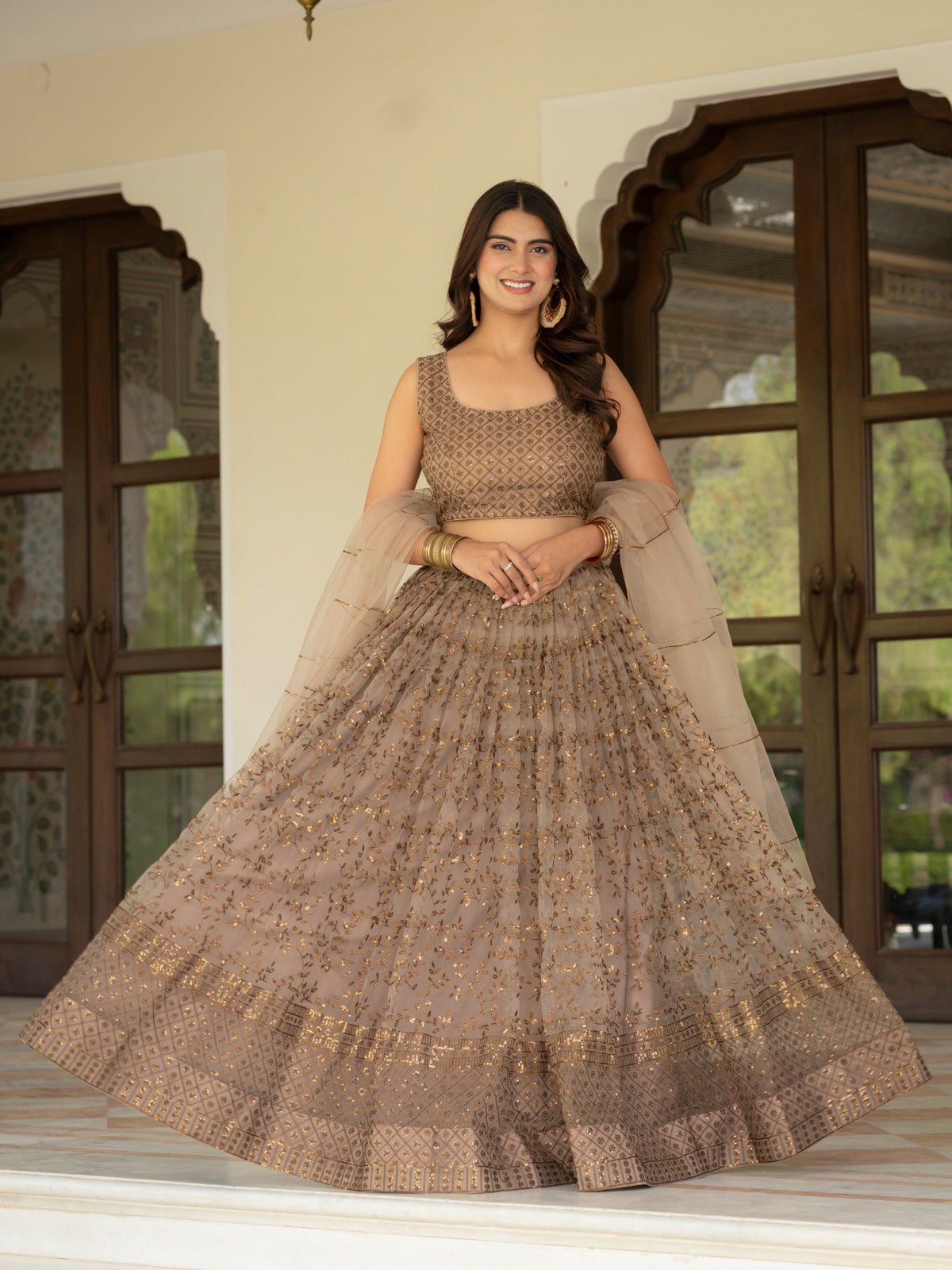 Embroidered Sequin Net Lehenga Choli – Champagne Beige