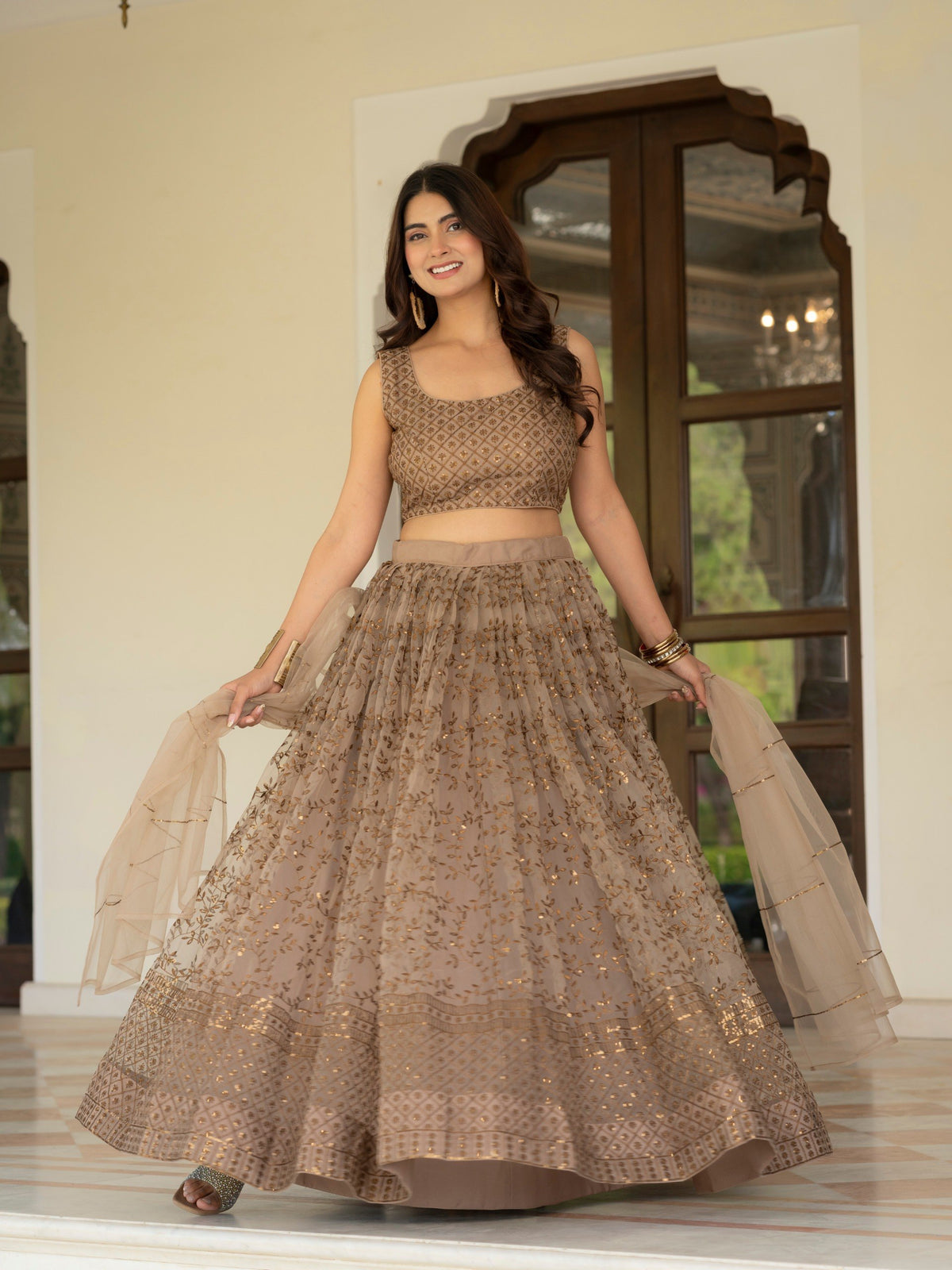 Embroidered Sequin Net Lehenga Choli – Champagne Beige