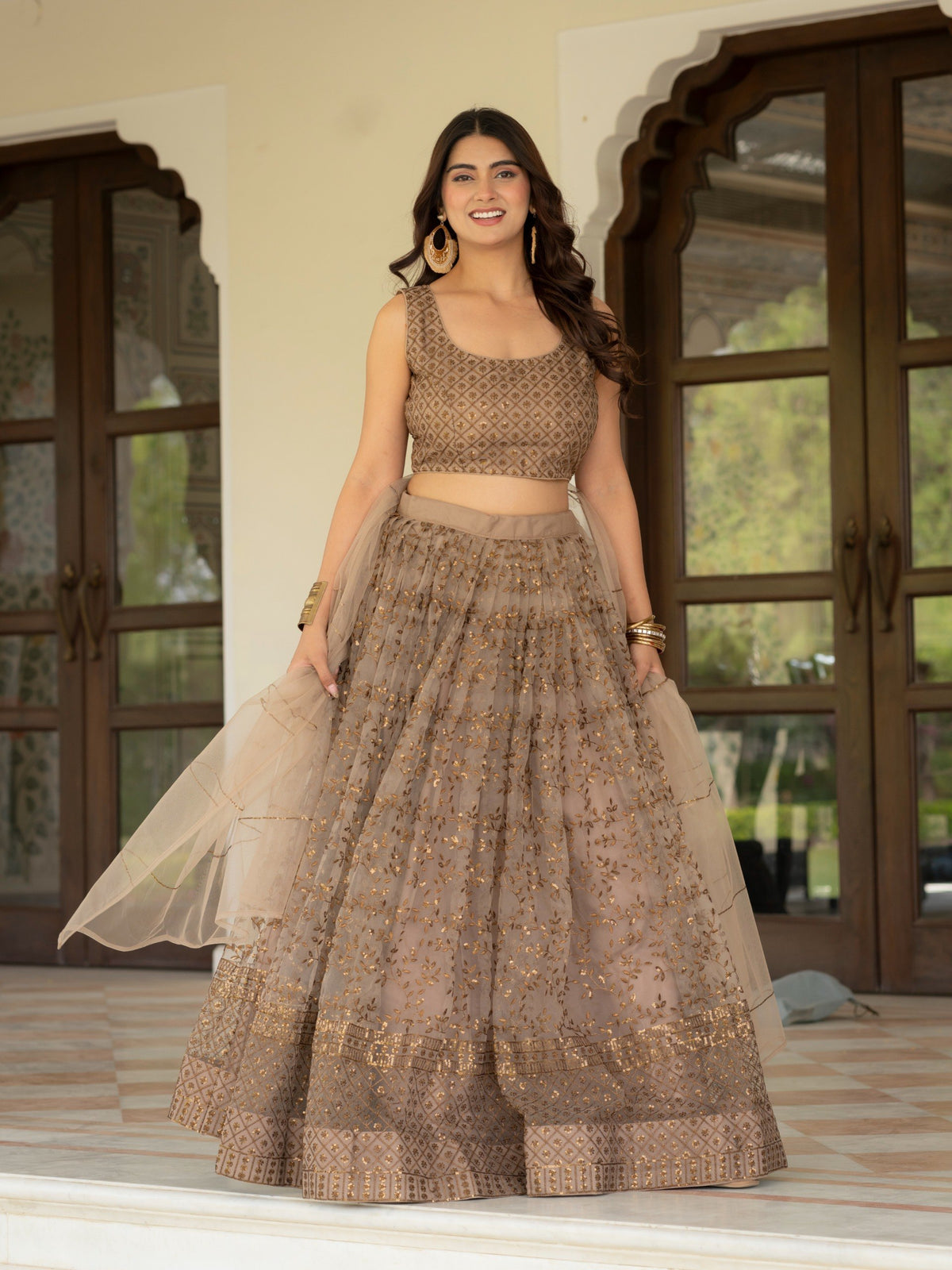 Embroidered Sequin Net Lehenga Choli – Champagne Beige