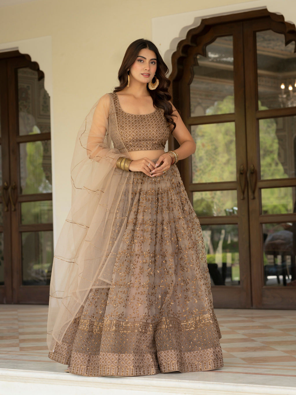 Embroidered Sequin Net Lehenga Choli – Champagne Beige