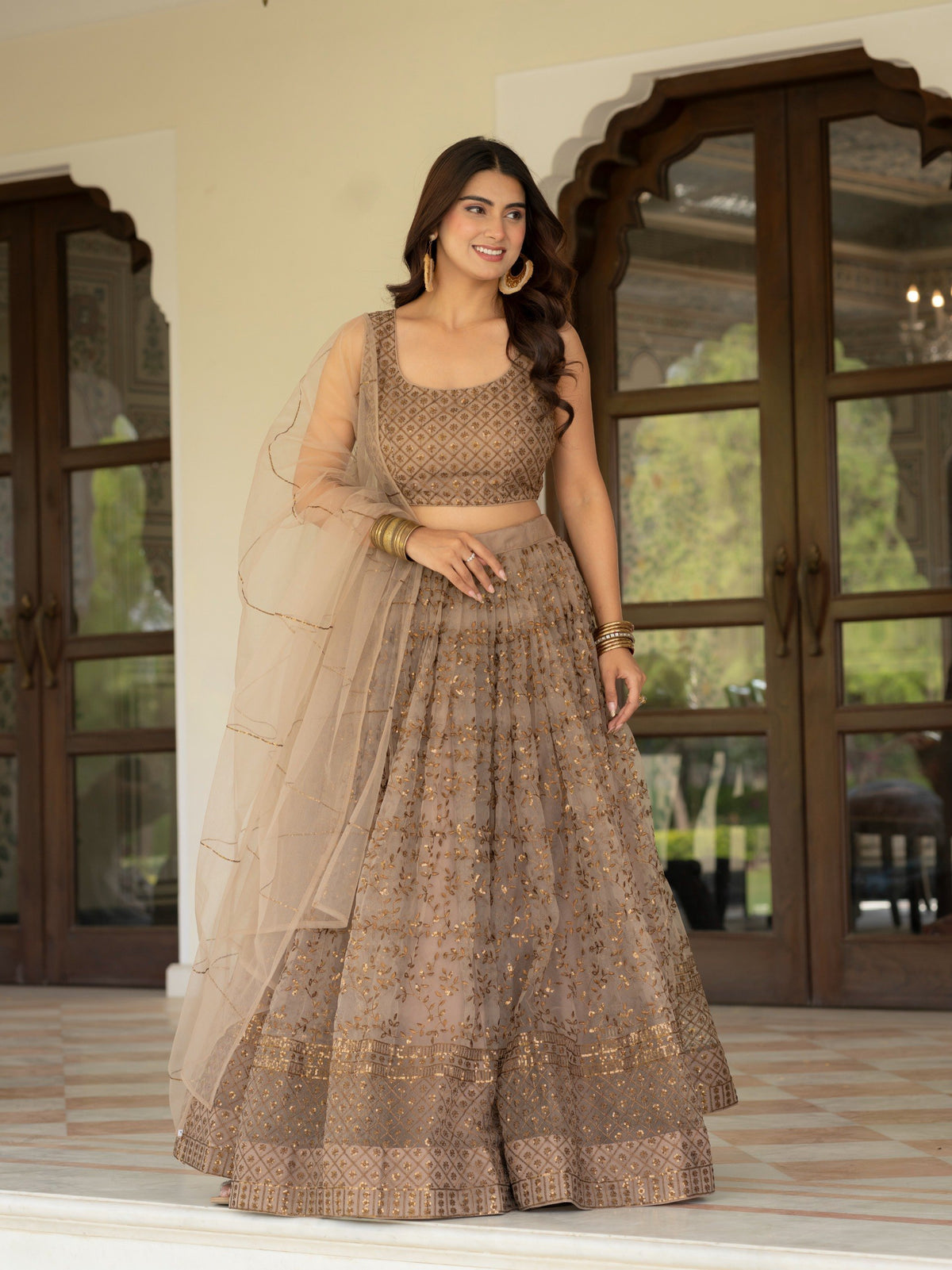 Embroidered Sequin Net Lehenga Choli – Champagne Beige