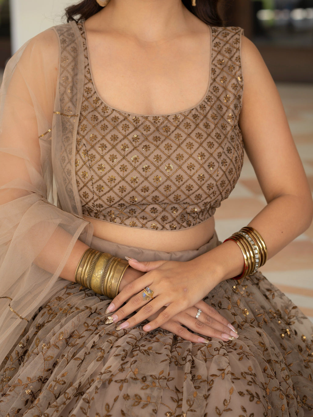Embroidered Sequin Net Lehenga Choli – Champagne Beige