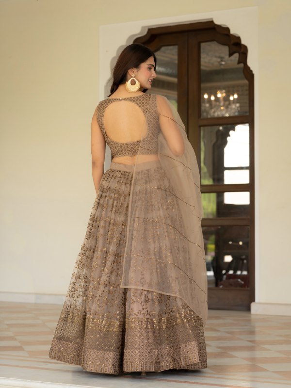 Embroidered Sequin Net Lehenga Choli – Champagne Beige