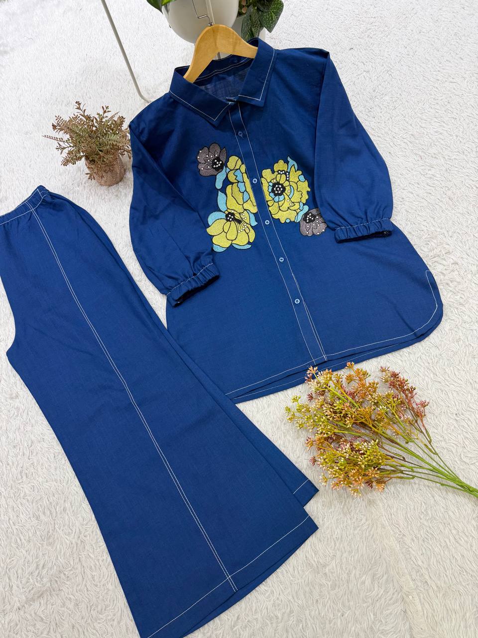 Embroidered Cotton Co-ord Set – Navy Blue